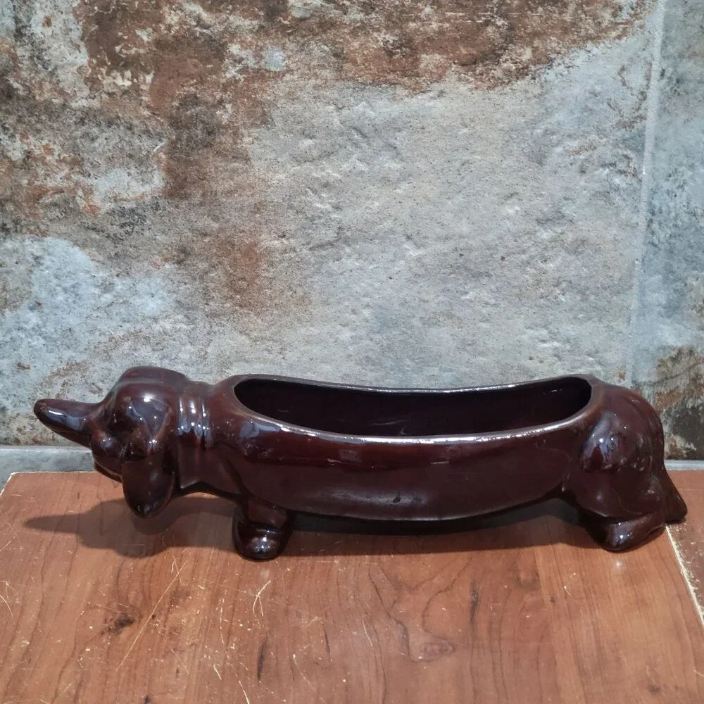 Vintage Dachshund Dog Ceramic Cracker Tray Planter Brown Glazed
